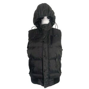 Steve's Jeans Men’s Puffer Vest Black Pinstripe Removable Hood Pockets Size S